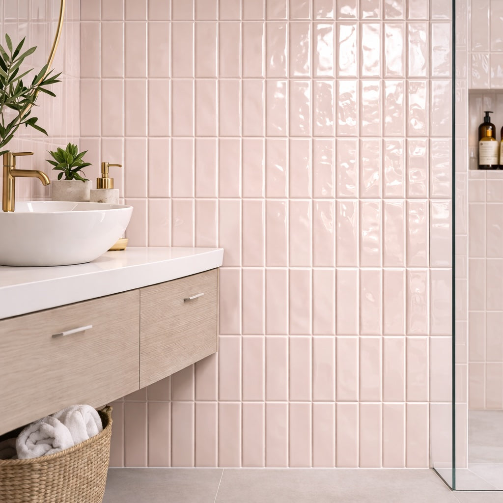 Riviera Soft Pink Ripple Gloss Wall Tile 6.5x20cm