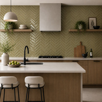 Riviera Olive Ripple Gloss Wall Tile 6.5x20cm